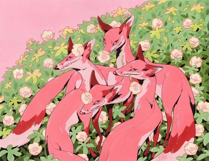 4others animal_focus colored_sclera ears_up fleebites flower flower_bush flower_in_mouth fox highres multiple_others no_humans original pink_background pink_eyes pink_flower pink_fur red_sclera sharp_teeth teeth tongue tongue_out