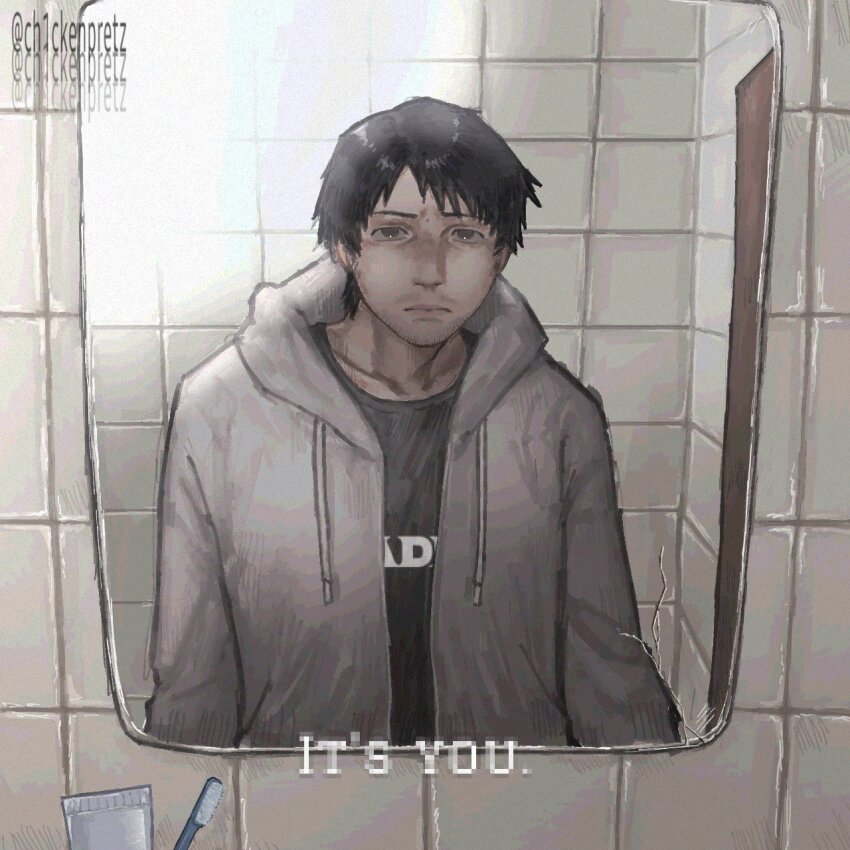 1boy bathroom black_hair black_shirt ceiling_light ch1ckenpretz cry_of_fear despite_everything_it&#039;s_still_you_(meme) door english_text grey_hoodie highres hood hood_down hoodie looking_at_viewer male_focus meme mirror reflection reflection_focus reflective_surface shirt short_hair simon_henriksson solo standing tile_wall tiles toothbrush toothpaste unzipped