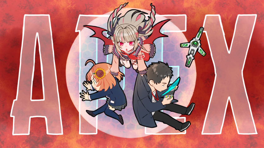 1boy 2girls :o ahoge apex_legends armband bag black_eyes black_footwear black_hair black_pants black_ribbon blazer blue_jacket blue_sailor_collar blue_skirt blue_thighhighs blunt_bangs brown_hair carrying chibi commentary_request demon_wings drone floating_hair flower flying green_eyes grey_skirt hack_(apex_legends) hair_flower hair_intakes hair_ornament hair_ribbon heart highres holding honma_himawari honma_himawari_(1st_costume) jacket lanyard leg_tattoo long_hair long_sleeves makaino_ririmu makaino_ririmu_(4th_costume) medium_hair multicolored_hair multiple_girls neckerchief nijisanji official_alternate_costume open_clothes open_jacket open_mouth orange_hair outstretched_arms pants pink_hair pink_jacket plaid_clothes plaid_skirt pleated_skirt pointy_ears red_background red_bag red_eyes red_neckerchief red_wings ribbon sailor_collar sailor_shirt school_uniform shirt shoes short_hair sidelocks skirt socks streaked_hair succo_gura sunflower sunflower_hair_ornament tattoo thighhighs two_side_up very_short_hair virtual_youtuber white_armband white_shirt white_socks wings yashiro_kizuku yashiro_kizuku_(2nd_costume) yellow_flower