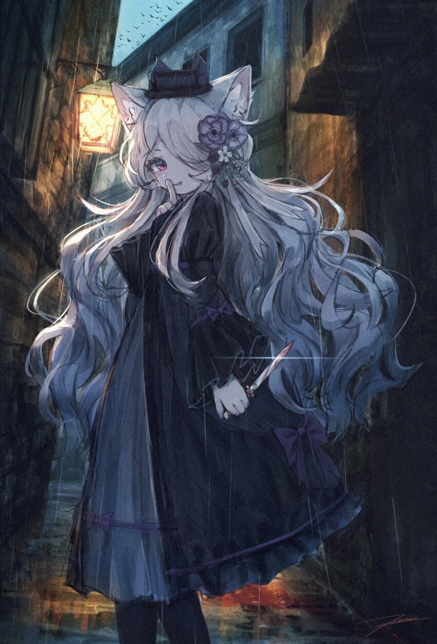 1girl animal_ears building dagger finger_to_mouth hair_over_one_eye highres index_finger_raised knife lamp original rain solo tonan_(l0l0l0l0l0l) weapon