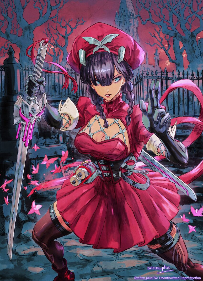 1girl black_gloves black_hair blue_eyes braid breasts bug butterfly dress elbow_gloves gloves graveyard hat highres insect large_breasts long_hair looking_at_viewer marvel marvel_rivals mitsu_plus official_alternate_costume psylocke psylocke_(blood_kariudo) red_dress red_hat short_sleeves skirt solo thighhighs twin_braids x-men