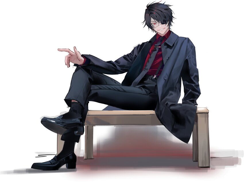 1boy absurdres bench black_footwear black_hair black_jacket black_necktie black_pants buttons collared_shirt commentary dress_shoes english_commentary eyepatch full_body grin highres jacket long_sleeves male_focus necktie on_bench ooe_(game) pants photo-referenced red_eyes red_shirt shinbashi_(ooe) shirt short_hair sitting smile solo tie_clip tk_(tksnim)