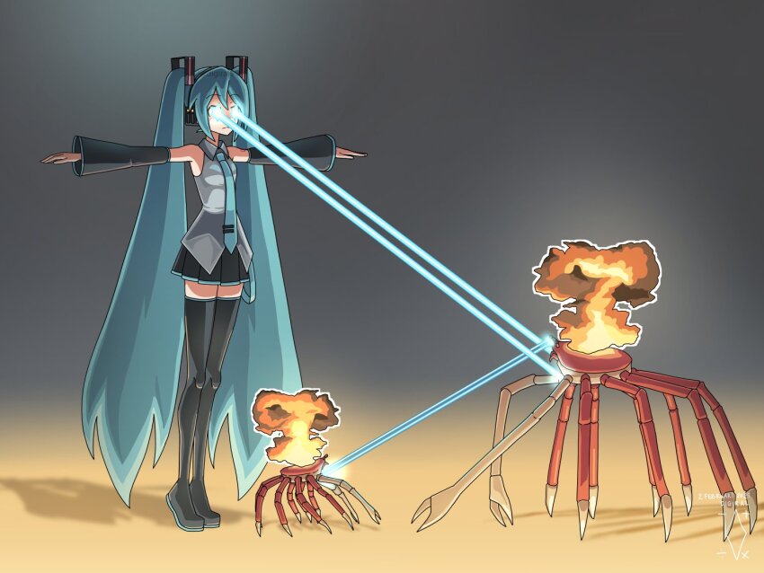 1girl aqua_hair artist_logo artist_name black_boots black_skirt black_sleeves boots collared_shirt commentary crab dated detached_sleeves digiral english_commentary explosion grey_background grey_shirt hair_ornament hatsune_miku headphones laser logo long_hair long_sleeves meme miniskirt outstretched_arms pleated_skirt shirt silence_crab_(meme) skirt sleeveless sleeveless_shirt solo spread_arms standing t-pose thigh_boots twintails twitter_username very_long_hair vocaloid wide_sleeves yellow_background