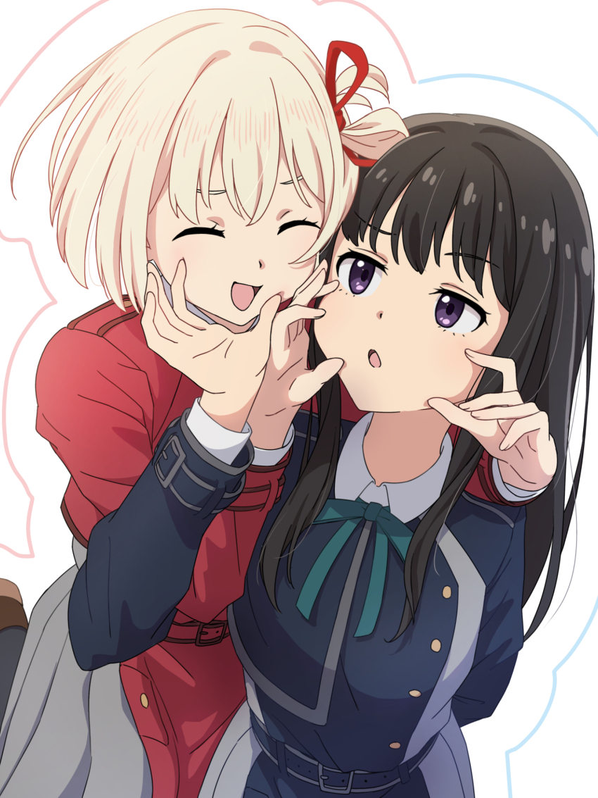 2girls :d :o belt black_hair blonde_hair blue_belt blue_dress commentary_request dress green_ribbon grey_dress hair_ribbon highres inoue_takina looking_at_another lycoris_recoil lycoris_uniform mochi_(znkn4524) multiple_girls neck_ribbon nishikigi_chisato open_mouth purple_eyes red_belt red_dress red_ribbon ribbon smile tongue two-tone_dress white_background