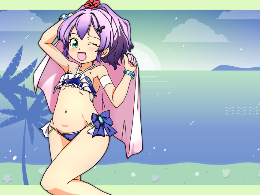azur_lane b_jido_(vpmy5557) bare_shoulders beach bikini blue_bikini blue_eyes blue_sky bracelet breasts cloud cross_hair_ornament feet_out_of_frame flower frilled_bikini frills hair_flower hair_ornament halterneck horizon javelin_(azur_lane) javelin_(beach_picnic!)_(azur_lane) jewelry looking_at_viewer ocean official_alternate_costume one_eye_closed open_mouth outdoors ponytail purple_hair side-tie_bikini_bottom sky small_breasts smile sunset swimsuit towel