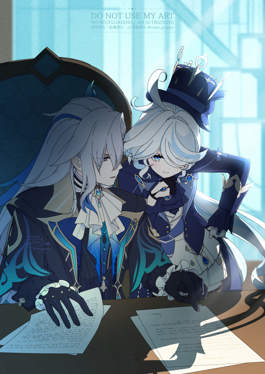 1boy 1girl absurdres ahoge ascot black_coat black_gloves black_vest blue_coat blue_eyes blue_hair blue_hat closed_mouth coat commentary_request eyes_visible_through_hair frilled_sleeves frills furina_(genshin_impact) genshin_impact gloves hair_between_eyes hair_over_one_eye hat highres indoors long_bangs long_hair long_sleeves multicolored_hair neuvillette_(genshin_impact) open_mouth paper shadow short_hair smile tomo-graphy top_hat two-tone_hair upper_body vest white_ascot white_hair