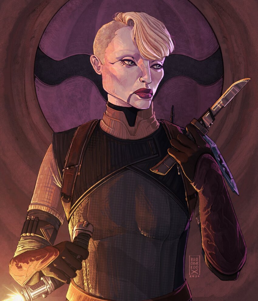 1girl alternate_costume asajj_ventress asymmetrical_hair blonde_hair bloodbroox brown_gloves dual_wielding energy_sword gloves grey_eyes highres holding holding_knife holding_sword holding_weapon knife lightsaber looking_to_the_side pale_skin short_hair sidecut solo star_wars star_wars:_the_bad_batch sword undercut upper_body weapon yellow_lightsaber