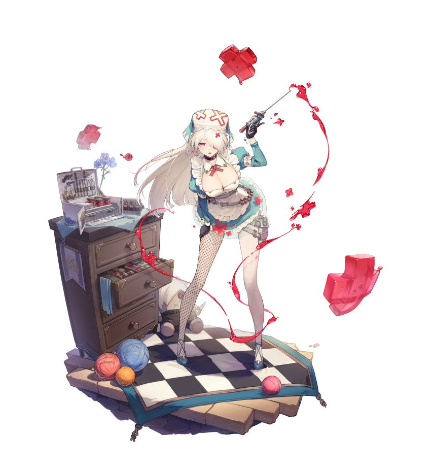 1girl absurdres black_gloves blue_dress box breasts choker drawer dress earrings fei_mao full_body gloves hair_over_one_eye hat highres jewelry juliet_sleeves large_breasts leaning_forward long_hair long_sleeves looking_at_viewer nurse nurse_cap original pouch puffy_sleeves red_eyes scalpel scissors single_fishnet_legwear solo stuffed_toy syringe thigh_pouch vial white_background white_hair
