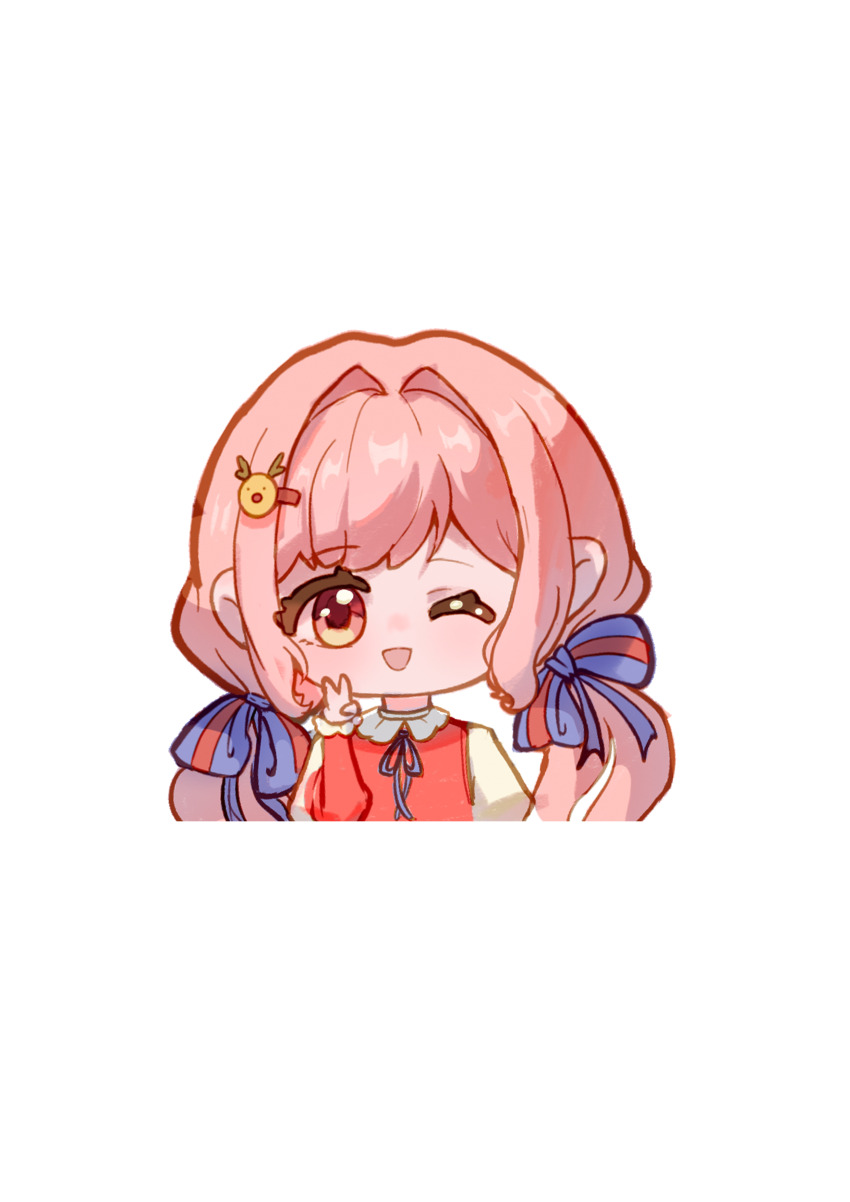 1girl absurdres blue_ribbon bow brown_eyes chibi chinese_commentary christmas collared_shirt commentary_request cropped_torso dress eyelashes frilled_shirt_collar frilled_sleeves frills hair_bow hair_intakes hair_ornament hairclip happy highres juliet_sleeves light_blush long_hair long_sleeves low_twintails meiyou_mingzi neck_ribbon nikki_(nikki) nikki_(series) one_eye_closed open_mouth outline pinafore_dress pink_hair puffy_sleeves purple_bow red_dress red_sleeves reindeer reindeer_hair_ornament ribbon shirt single_stripe sleeveless sleeveless_dress smile solo striped_bow tareme transparent_background twintails two-tone_sleeves v very_long_hair wavy_hair white_outline white_shirt