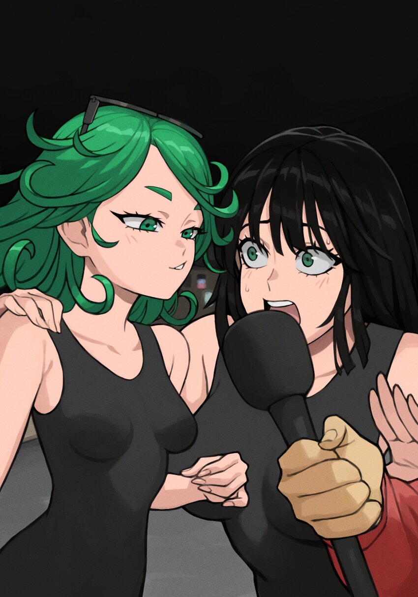 2boys 2girls absurdres black_hair breasts collarbone female_focus fubuki_(one-punch_man) green_eyes green_hair highres large_breasts matching_hair/eyes microphone mogglebear multiple_boys multiple_girls one-punch_man open_mouth short_hair siblings sisters sleeveless small_breasts smile sunglasses_on_head sweat tatsumaki teeth upper_body