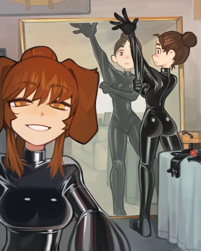 2girls animal_ears ass black_bodysuit blush bodysuit breasts brown_eyes brown_hair commission dog_ears dog_girl dressing grin hair_bun highres large_breasts latex latex_bodysuit looking_at_mirror looking_at_viewer maridiansnack medium_breasts mirror multiple_girls original parted_lips short_hair smile teeth