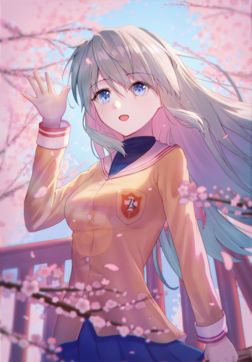 1girl 2025 :d absurdres arm_at_side blue_eyes blue_skirt blurry cherry_blossoms clannad commentary cowboy_shot dated day depth_of_field eyes_visible_through_hair falling_petals film_grain floating_hair flowingcrescent grey_hair hair_between_eyes hand_up happy highres hikarizaka_private_high_school_uniform jacket lens_flare long_hair long_sleeves miniskirt open_mouth outdoors outstretched_hand petals pleated_skirt sailor_collar sakagami_tomoyo school_uniform serafuku signature skirt smile solo spring_(season) turtleneck very_long_hair white_sailor_collar yellow_jacket