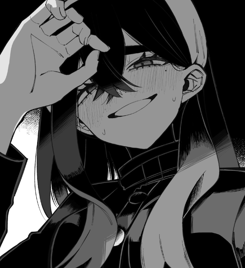 1girl blush carmine_(pokemon) crossed_bangs eyelashes greyscale grin hair_between_eyes hairband half-closed_eyes hei_tai_(kyaputen1) highres jacket long_hair long_sleeves looking_at_viewer mole mole_under_eye monochrome multicolored_hair nintendo nose_blush pokemon pokemon_sv simple_background smile solo sweat upper_body