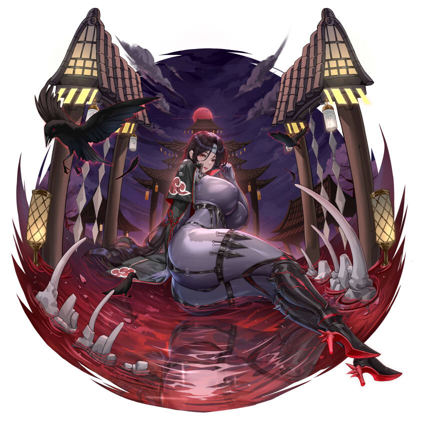 1girl absurdres akatsuki_uniform architecture ass bird black_bird black_boots black_coat black_hair blood bodysuit bone boots breasts cloud cloud_print coat colored_shoe_soles commentary_request east_asian_architecture forehead_protector full_body genderswap genderswap_(mtf) grey_bodysuit hair_between_eyes hand_up headband high_heel_boots high_heels highres huge_breasts impossible_bodysuit impossible_clothes konohagakure_symbol kunai lipstick long_hair looking_at_viewer makeup mangekyou_sharingan moon naruto_(series) night night_sky o-ring parted_lips red_eyes red_lips red_moon reflection sharingan sitting sky thigh_strap uchiha_itachi user_jcdv4842 very_long_hair weapon