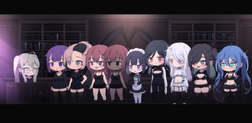 6+girls :d :| ahoge apron aqua_eyes aren&#039;t_grim_reapers_supposed_to_be_scary arms_at_sides asymmetrical_bangs bare_legs bare_shoulders belt belt_collar black_belt black_bow black_bowtie black_bra black_choker black_collar black_dress black_hair black_hoodie black_sailor_collar black_serafuku black_shirt black_shorts black_skirt black_socks black_sweater black_thighhighs blue_eyes blue_hair book bookshelf bow bowtie bra breasts brown_hair buttons candy center-flap_bangs chibi chibi_only choker closed_mouth clothing_cutout coat coat_on_shoulders collar collared_dress colored_eyelashes colored_inner_hair cropped_shirt cross_tattoo crossed_bangs dark-skinned_female dark_skin deca_(kamuo) desk diamond_(shape) drawstring dress ear_piercing everyone eyeshadow facial_tattoo fangs flower_tattoo food frilled_apron frilled_dress frills fur-trimmed_coat fur_trim garter_straps green_eyes green_hair grey_hair grin hair_between_eyes hair_over_one_eye hand_on_own_hip hands_on_own_hips hands_on_own_stomach heart_cutout highres holding_hands hood hood_down hoodie huge_weapon indoors intoh_(kamuo) kamuo kneehighs lab_coat lafi_(kamuo) large_breasts letterboxed light_blush light_rays lollipop long_hair looking_ahead maid maid_apron maid_headdress makeup medium_breasts miniskirt multicolored_hair multiple_girls mykka_(kamuo) mysha_(kamuo) navel neckerchief neu_(kamuo) no_pants no_pupils off_shoulder on_chair open_mouth own_hands_together pale_skin pari_(kamuo) piercing pink_eyes pink_eyeshadow pink_hair pleated_skirt purple_eyes purple_eyeshadow purple_hair purple_neckerchief rafi_(kamuo) raised_eyebrows red_eyes red_hair sailor_collar school_uniform scythe serafuku shirt short_hair short_shorts shorts shrug_(clothing) siblings sidelocks sitting skirt sleeveless sleeveless_shirt smile socks sunbeam sunlight susui_(kamuo) sweater sword sword_on_back tattoo teeth thighhighs torn_clothes torn_hoodie triangle_mouth turtleneck turtleneck_sweater twins twintails two-sided_coat two-sided_fabric two-tone_hair underboob underbust underwear v-shaped_eyebrows vel_(kamuo) very_long_hair weapon weapon_on_back white_apron white_coat white_hair white_shorts white_thighhighs wooden_door wooden_wall