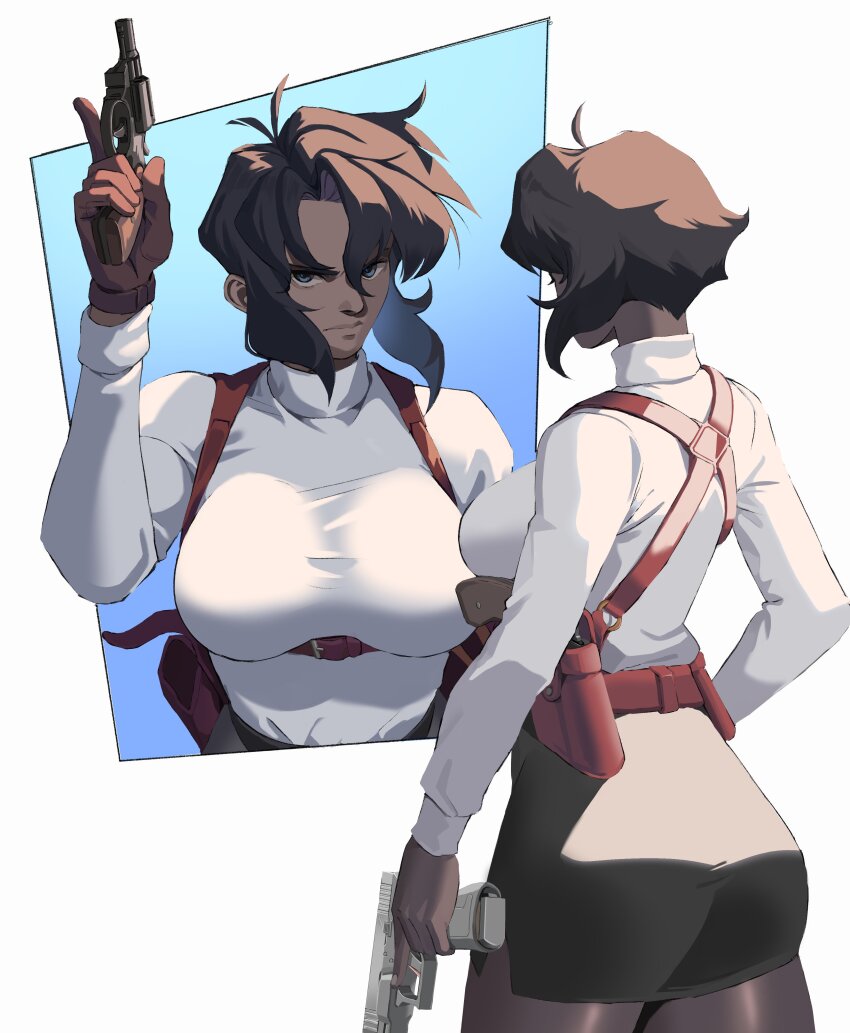 1girl absurdres black_skirt bob_cut breasts dark-skinned_female dark_skin gun gunsmith_cats handgun highres holster large_breasts pantyhose rally_vincent revolver sadraque shirt short_hair simple_background skirt solo standing weapon white_shirt
