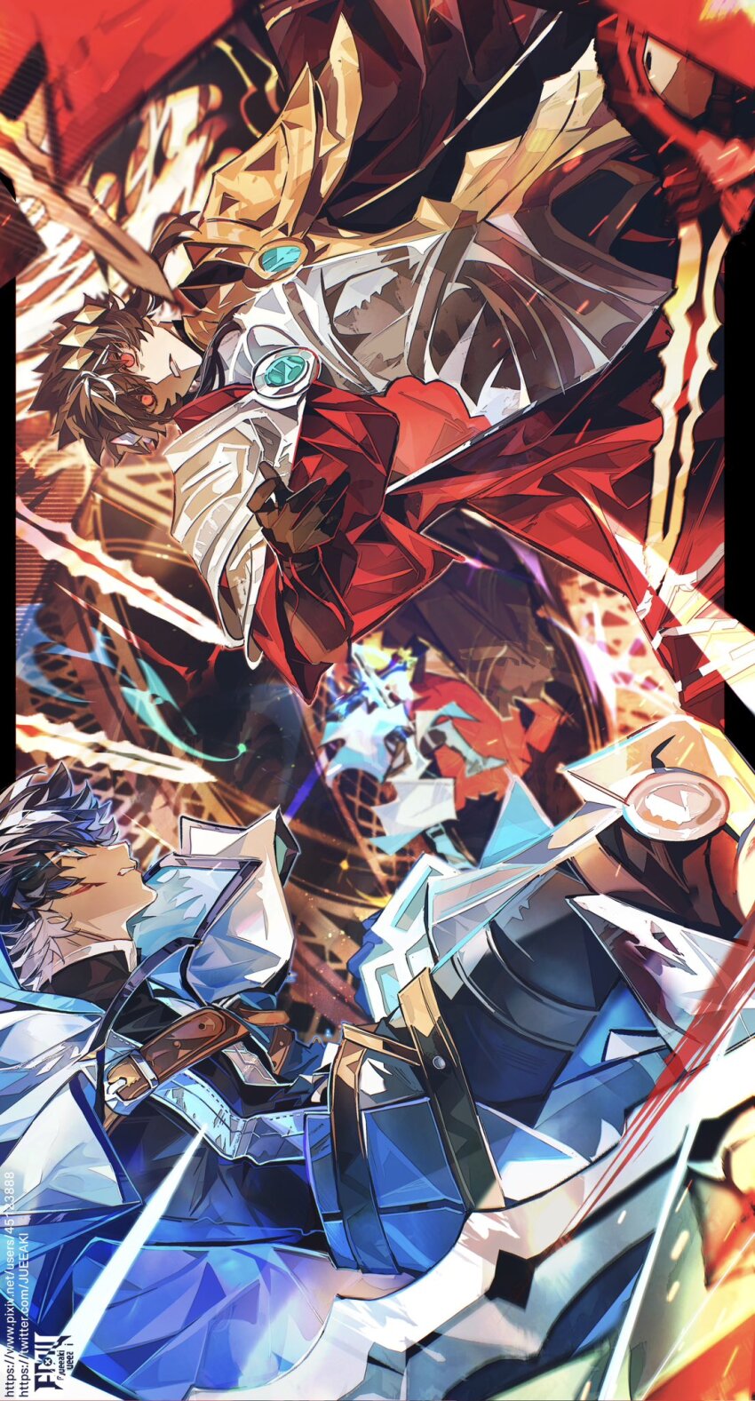 2boys armor black_gloves black_hair blue_cloak blue_eyes charlemagne_(fate) charlemagne_(first_ascension)_(fate) charlemagne_(third_ascension)_(fate) cloak dual_persona eeju fate/grand_order fate_(series) gloves gold_armor hair_between_eyes highres joyeuse_ordre_(fate) male_focus multicolored_hair multiple_boys pauldrons red_eyes rerebrace short_hair shoulder_armor streaked_hair two-sided_cloak two-sided_fabric two-tone_hair white_armor white_cloak white_hair