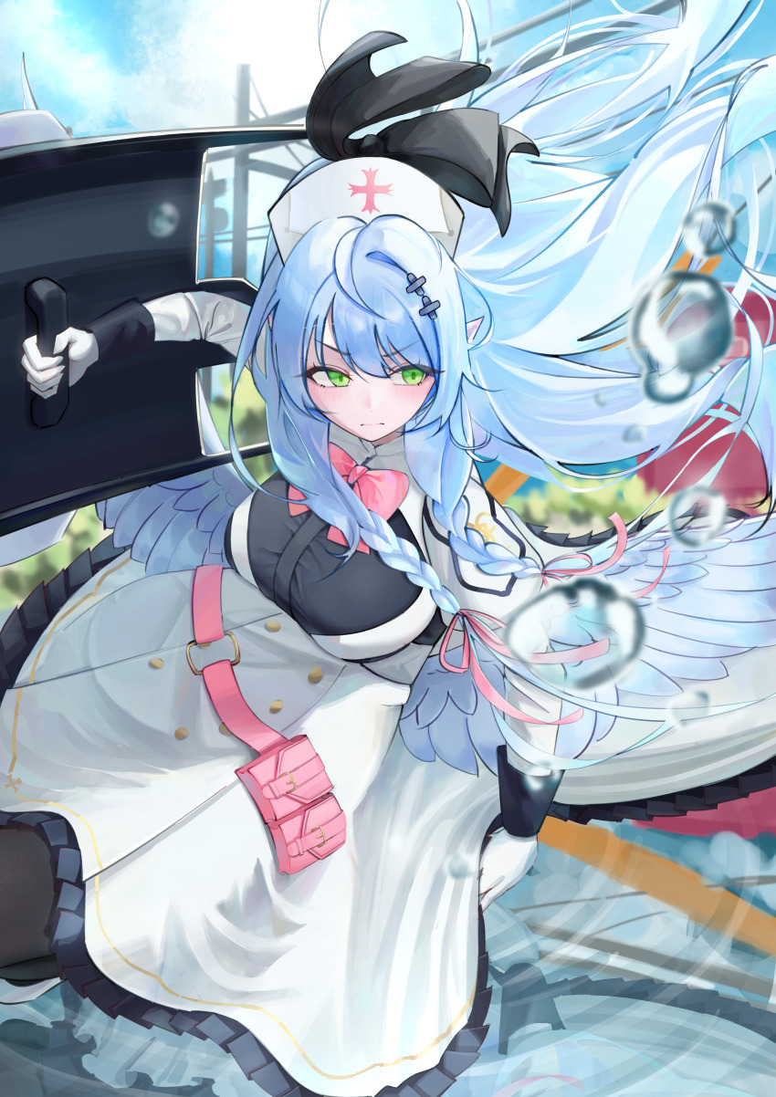 1girl absurdres ballistic_shield black_pantyhose blue_archive blue_hair blue_wings blush bow braid breasts closed_mouth dress feathered_wings green_eyes hat highres holding holding_shield large_breasts long_hair looking_to_the_side mine_(blue_archive) nurse_cap pantyhose pink_bow shield sidelocks solo twin_braids ubeuna white_dress white_hat wings