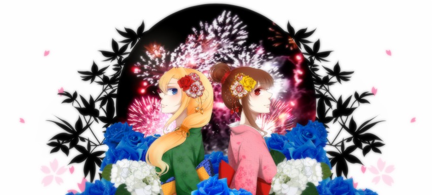 2girls alternate_costume alternate_hairstyle back-to-back blonde_hair blue_eyes blue_flower blue_rose brown_hair fireworks flower hair_bun hair_flower hair_ornament highres ib_(ib) ib_(kouri) japanese_clothes kimono mary_(ib) multiple_girls ponytail red_eyes red_flower red_rose rose single_hair_bun toushirou yellow_flower yellow_rose