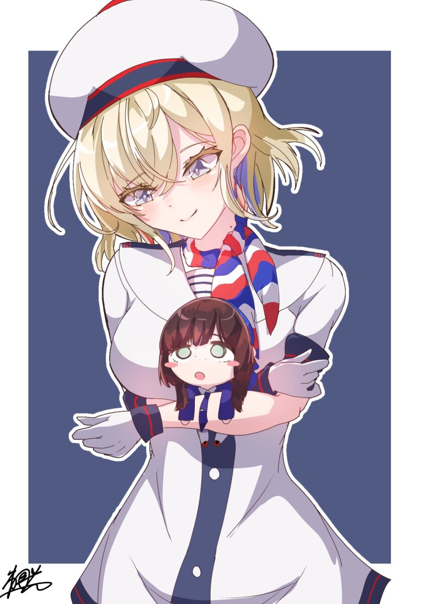 2girls akatsuki_hikaru beret blonde_hair blue_eyes blue_hair blush_stickers chibi dress gloire_(kancolle) gloves hat highres hug kantai_collection mini_person minigirl mogador_(kancolle) multicolored_hair multicolored_scarf multiple_girls sailor_dress scarf short_hair signature white_dress white_gloves white_hat