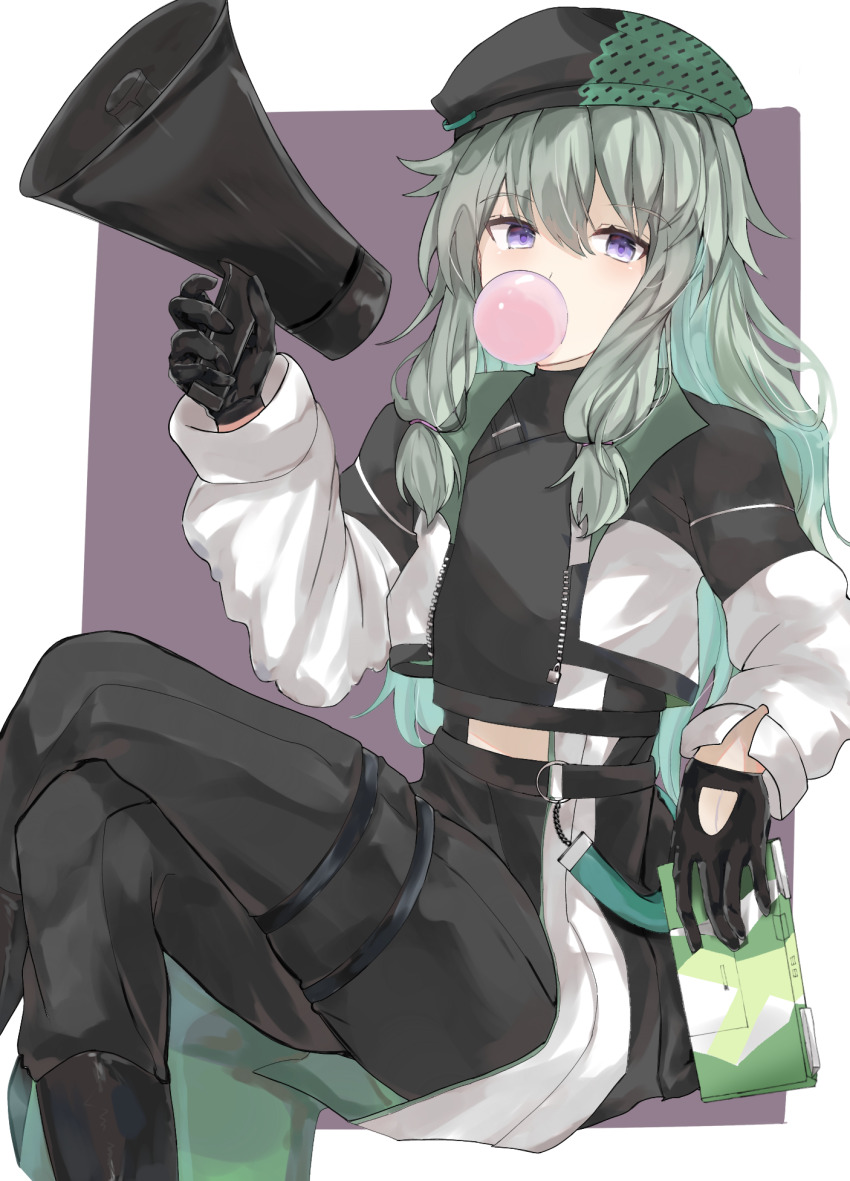 1girl beret black_boots black_gloves black_pants black_shirt blowing_bubble_gum blowing_bubbles boots chewing_gum commentary cropped_jacket crossed_legs eren_(avdw8428) feet_out_of_frame glove_cutout gloves green_hair gyakkou_no_lens_flare_(project_sekai) handheld_game_console hat highres holding holding_handheld_game_console holding_megaphone jacket kusanagi_nene long_hair long_sleeves looking_at_viewer low-tied_sidelocks megaphone midriff_peek multicolored_jacket official_alternate_costume open_clothes open_jacket pants project_sekai purple_eyes shirt sidelocks sitting solo thigh_strap two-tone_headwear two-tone_jacket