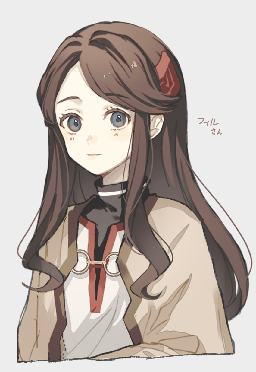 1girl black_shirt brown_eyes brown_hair closed_mouth commentary_request cropped_torso felicity_(rune_factory) grey_background highres long_hair looking_at_viewer rune_factory rune_factory_1 rurui_(jac7860) shirt sidelocks simple_background smile solo swept_bangs translation_request upper_body