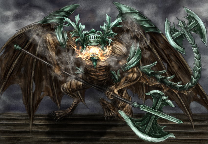 axe belfry_gargoyle bell_gargoyle dark_souls_(series) dark_souls_i fire fromsoftware helmet huge_weapon no_humans tail weapon