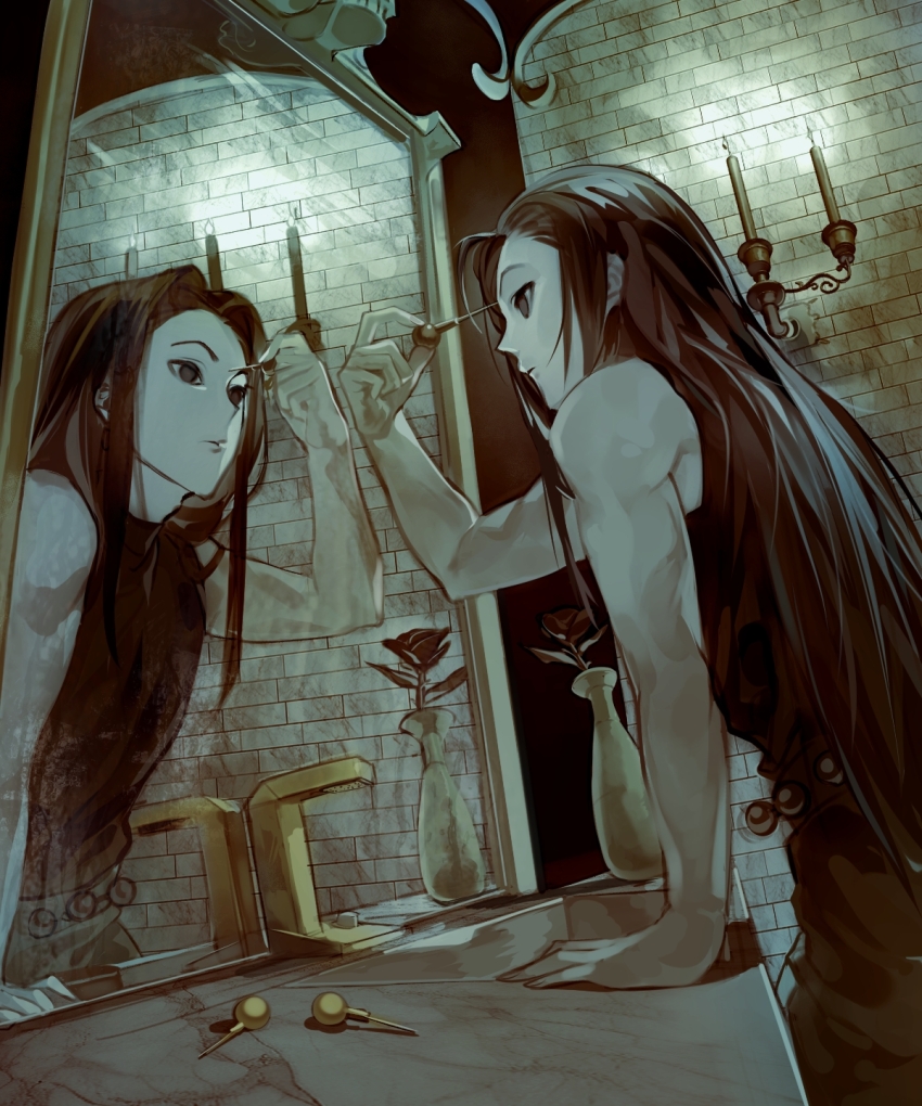 1boy bathroom black_eyes black_hair black_shirt brick_wall candle flower_pot highres holding holding_needle hunter_x_hunter illumi_zoldyck leaning_on_object long_hair looking_at_mirror looking_at_self mirror needle self-harm shirt sink sleeveless sleeveless_shirt user_ptuv3244