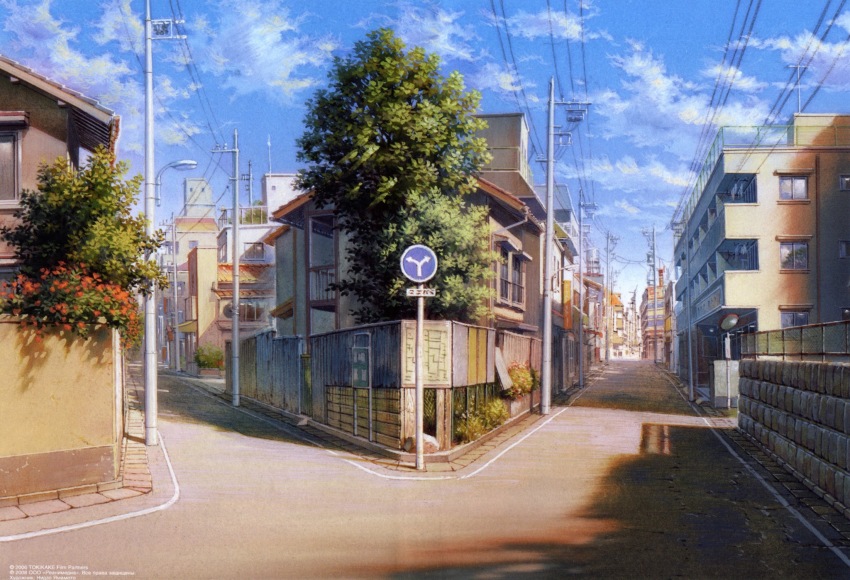 apartment architecture blue_sky cloud contemporary day highres house japan lamppost no_humans official_art outdoors overhead_line path perspective road scan scenery shade sky third-party_source toki_wo_kakeru_shoujo traditional_media tree urban yamamoto_nizo