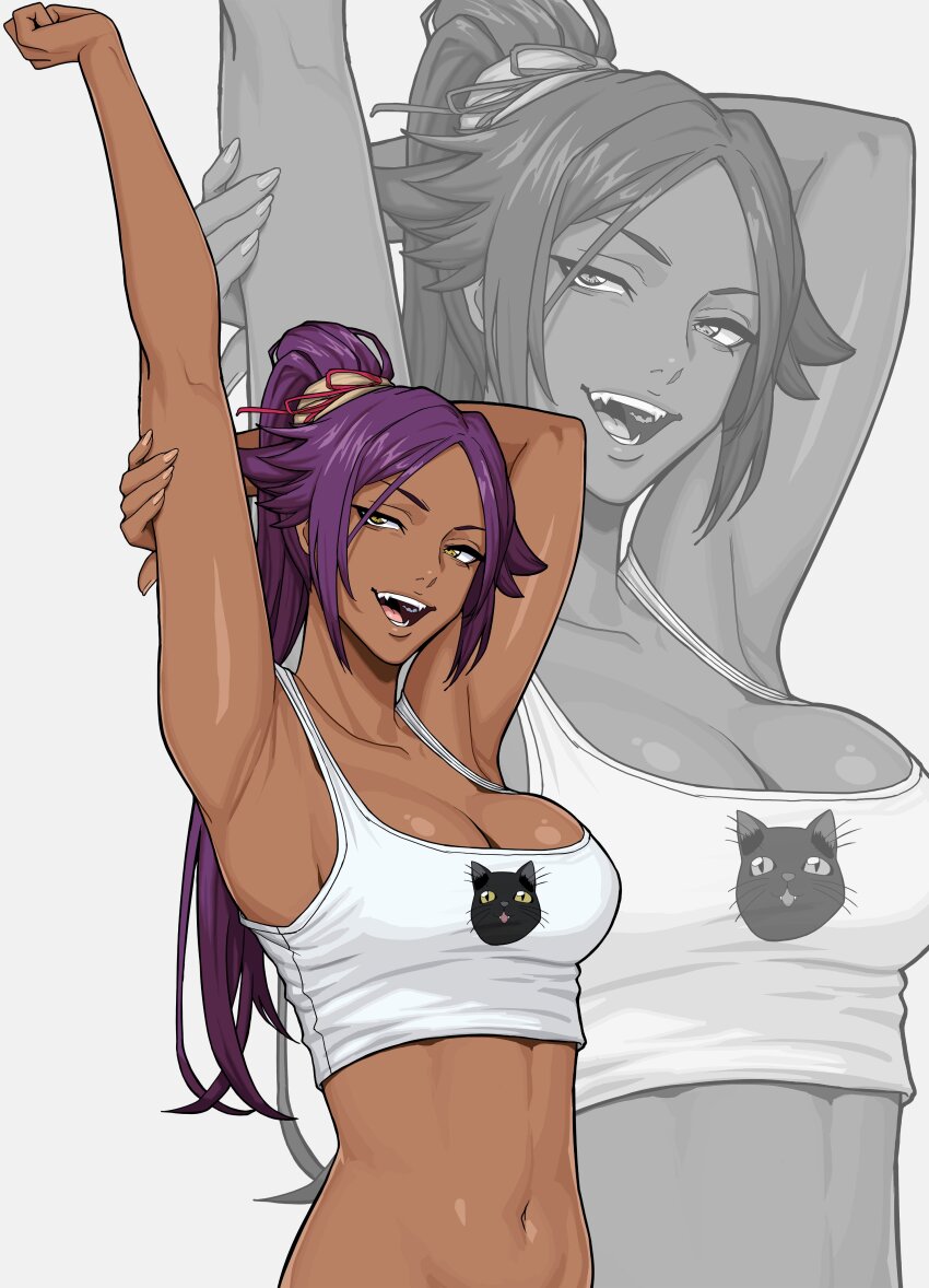 1girl absurdres arm_above_head armpit_crease armpits bleach breasts dark-skinned_female dark_skin female_focus hair_ornament highres large_breasts long_hair mikey_pie open_mouth parted_bangs ponytail purple_hair shihouin_yoruichi shiny_skin simple_background stretching tank_top yellow_eyes