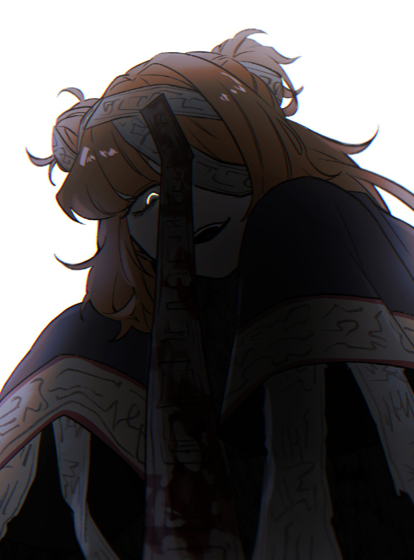 1girl :d double_bun e.g.o_(project_moon) eipenor fang freckles from_below glowing glowing_eye hair_bun highres hundred-footed_death_maggot_(e.g.o) ishmael_(project_moon) limbus_company long_hair looking_at_viewer one_eye_covered open_mouth project_moon sleeves_past_fingers sleeves_past_wrists smile solo white_background