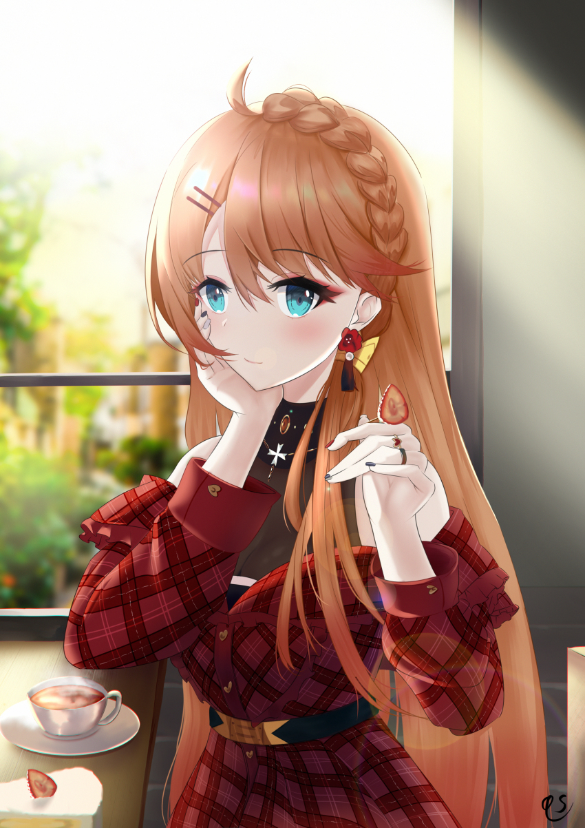 1girl absurdres azur_lane blue_eyes cake cake_slice dress earrings flower_earrings food fruit gradient_hair hand_on_own_cheek hand_on_own_face highres howe_(azur_lane) howe_(noble_rouge)_(azur_lane) indoors jewelry long_hair looking_at_viewer multicolored_hair nail_polish off-shoulder_dress off_shoulder orange_hair plaid_clothes plaid_dress qingshanmoying red_hair solo strawberry