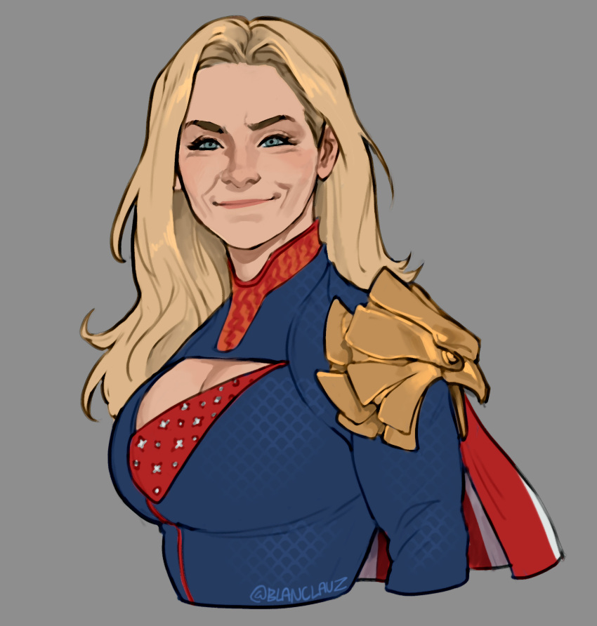 1girl absurdres blanclauz blonde_hair blue_eyes breasts cape cleavage cleavage_cutout clothing_cutout genderswap genderswap_(mtf) gloves highres homelander large_breasts long_hair red_gloves smile superhero_costume the_boys