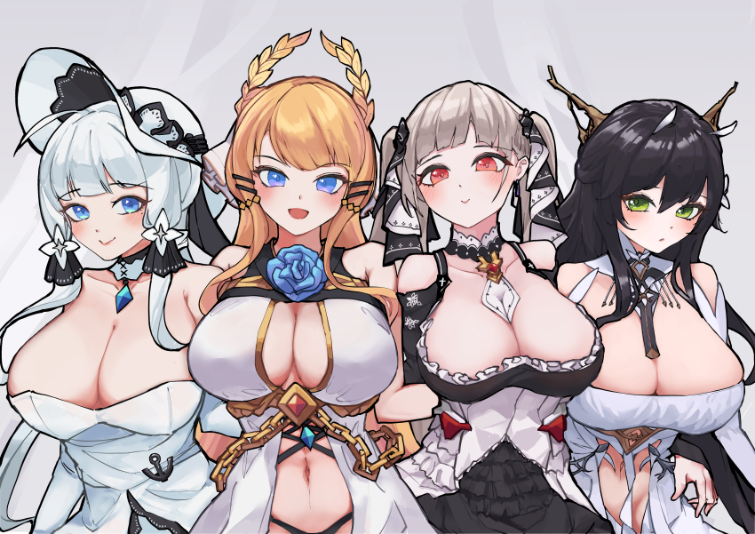 4girls absurdres antenna_hair antlers azur_lane bare_shoulders between_breasts black_dress black_hair black_panties blonde_hair blue_eyes blue_flower blue_gemstone blue_rose breasts cleavage closed_mouth clothing_cutout corset detached_collar dress flower formidable_(azur_lane) frilled_dress frills gem green_eyes hair_ribbon hat highres horns huge_breasts illustrious_(azur_lane) indomitable_(azur_lane) large_breasts laurel_crown long_hair looking_at_viewer mole mole_under_eye multiple_girls navel necktie necktie_between_breasts nocturnal_melonpan open_mouth panties parted_lips red_eyes revealing_clothes ribbon rose shirt shoulder_cutout smile sun_hat tress_ribbon two-tone_dress two-tone_ribbon underwear very_long_hair victorious_(azur_lane) white_corset white_dress white_shirt