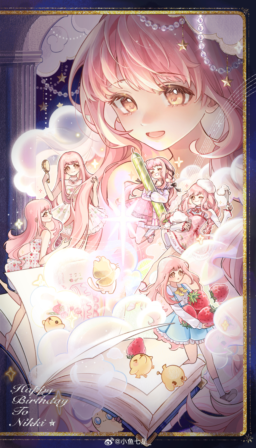 &gt;_&lt; 6+girls :o ^_^ absurdres animal ankle_socks argyle_clothes argyle_dress bare_arms bare_legs bare_shoulders battle bead_necklace beads beret bird blue_border blue_skirt blunt_bangs book border bow bowl bowtie brown_bow brown_footwear brown_ribbon bubble candle capelet cat character_name chick chinese_commentary clone closed_eyes closed_mouth clothed_animal clothes_writing commentary_request cross-laced_clothes cross-laced_dress dress dress_ribbon ear_covers english_text floral_print food food_print frilled_dress frilled_skirt frilled_sleeves frills from_behind fruit fruit_print hair_bow hair_brush hair_ribbon happy happy_birthday hat high-waist_skirt highres holding holding_another&#039;s_hair holding_bowl holding_candle holding_food holding_fruit holding_hair_brush holding_whisk hood hood_up hooded_capelet infinity_nikki jewelry jumping lipstick long_hair long_sleeves looking_at_another low_twintails makeup miniskirt miracle_nikki momo_(nikki) multiple_girls musical_staff necklace nikki_(nikki) nikki_(series) nikki_up2u nikki_up2u2:_world_traveller one_eye_closed open_book open_mouth oversized_food oversized_object pillar pinafore_dress pink_bow pink_bowtie pink_dress pink_hair pink_shirt pleated_dress pleated_skirt puffy_long_sleeves puffy_sleeves red_lips red_ribbon ribbon rose_print shining_nikki shirt shoes short_dress skirt sleeveless sleeveless_dress smile sneakers socks sparkle star_(symbol) strawberry strawberry_print sundress suspender_skirt suspenders tress_ribbon turtleneck turtleneck_shirt twintails very_long_hair watermark weibo_watermark whisk whiskers white_cat white_dress white_hat white_shirt white_socks xiaoyu_qixing yellow_capelet yellow_eyes