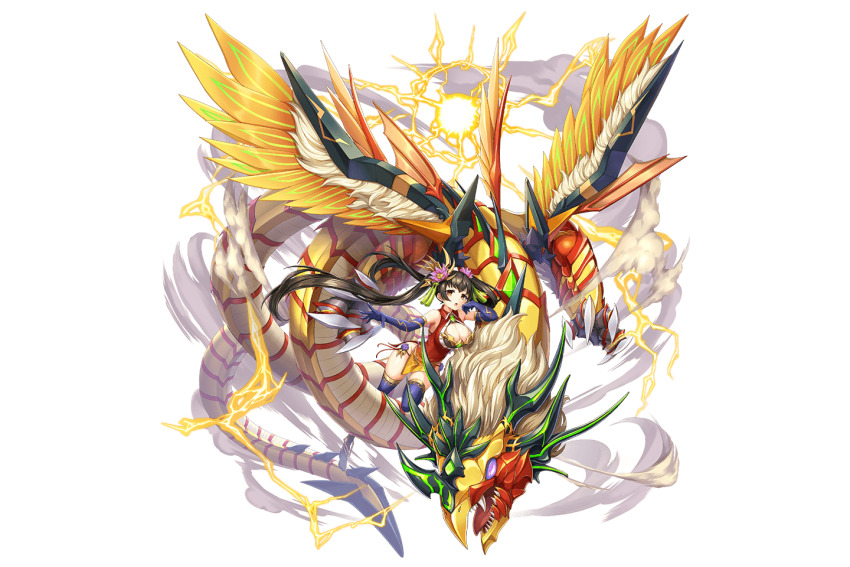 1girl artist_request bad_source bare_hips bare_shoulders breasts brown_eyes brown_hair cleavage cloud detached_sleeves dragon feathered_wings flower full_body game_cg groin hair_flower hair_ornament heavenly_thunder_catastrophe kamihime_project leaning_on_animal lightning official_art solo third-party_source transparent_background twintails wings