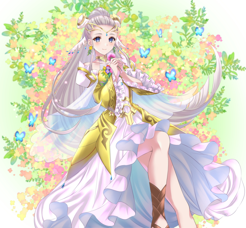 1girl blue_butterfly blue_eyes brown_footwear bug butterfly commission commissioner_upload dress earrings eir_(fire_emblem) fire_emblem fire_emblem_heroes flower flower_earrings frilled_sleeves frills grass insect jewelry kakiko210 light_smile long_hair long_sleeves lying nintendo on_back plant sidelocks skeb_commission tiara white_dress white_hair yellow_dress