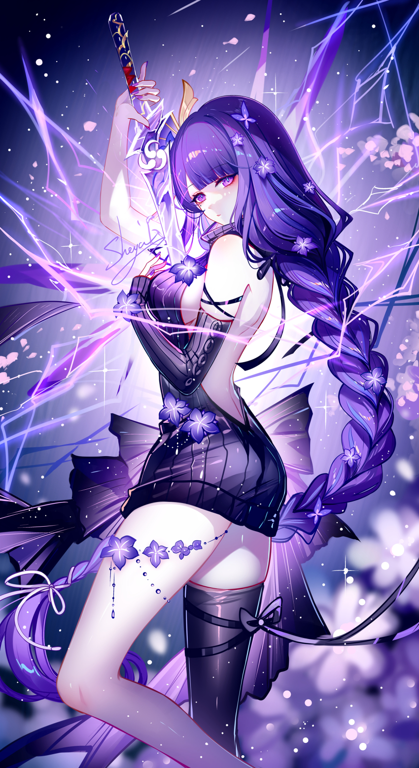 1girl absurdres arm_up artist_name ass backless_outfit black_thighhighs blunt_bangs breasts chinese_commentary commentary_request detached_sleeves electricity feet_out_of_frame flower genshin_impact hair_flower hair_ornament highres holding holding_sword holding_weapon katana large_breasts long_braid long_sleeves looking_at_viewer meme_attire musou_isshin_(genshin_impact) nail_polish purple_eyes purple_flower purple_hair purple_nails purple_sweater raiden_shogun sheya sideboob signature single_thighhigh solo standing sweater sword thighhighs thighs virgin_killer_sweater weapon