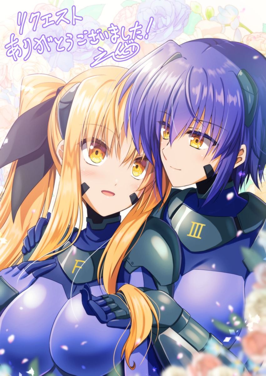 2girls blonde_hair blue_bodysuit blue_hair blush bodysuit closed_mouth endori fate_testarossa floral_background flower hair_ribbon hand_on_another&#039;s_shoulder headgear highres holding_another&#039;s_hair long_hair looking_at_another lyrical_nanoha mahou_shoujo_lyrical_nanoha_strikers military_uniform multiple_girls numbers&#039;_uniform open_mouth ribbon rose short_hair smile subaru_nakajima yellow_eyes yuri