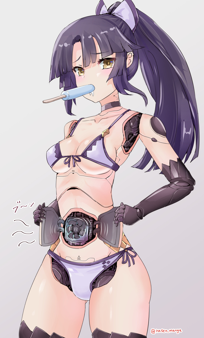 1girl absurdres android bikini black_hair breasts cleavage computer_fan fate/grand_order fate_(series) food food_in_mouth highres katou_danzou_(fate) katou_danzou_(midsummer_memories)_(fate) long_hair mechabare medium_breasts ponytail popsicle popsicle_in_mouth rasen_manga solo swimsuit twitter_username yellow_eyes