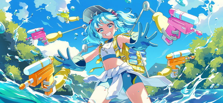 1girl alternate_costume alternate_headwear backpack bag blue_eyes blue_gloves blue_hair blue_shorts blue_sky clothes_around_waist cloud commentary_request game_cg gloves grin hair_bobbles hair_ornament hat holding holding_water_gun kani_2hiki kawashiro_nitori key looking_at_viewer mechanical_arms midriff navel official_art outdoors shirt shirt_around_waist shorts sky smile solo third-party_source touhou touhou_gensou_eclipse two_side_up wading water water_drop water_gun yellow_bag