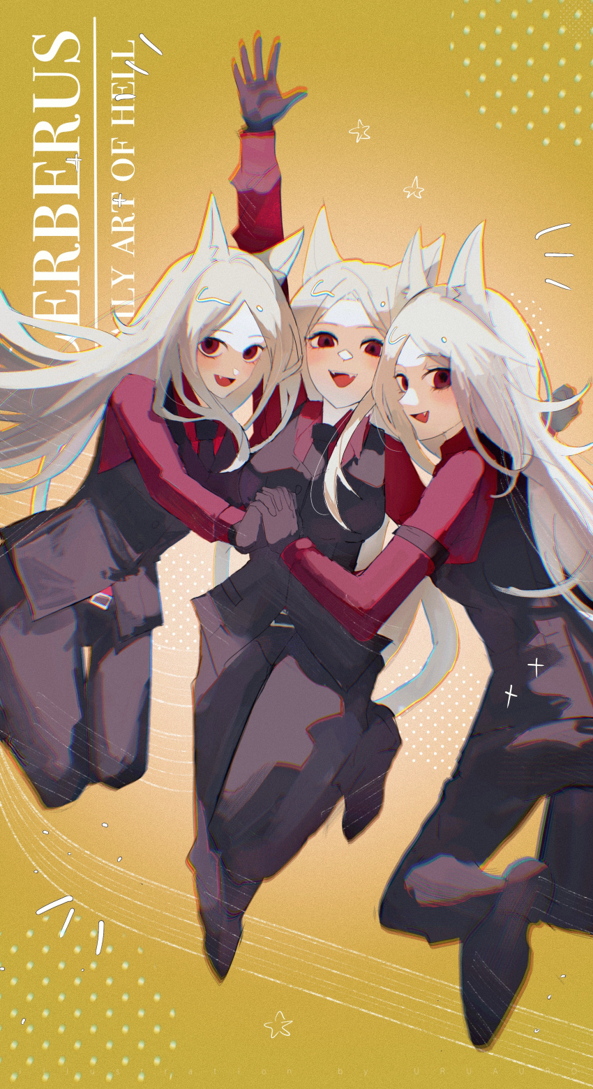3girls absurdres animal_ears black_pants blush cerberus_(helltaker) collared_shirt dog_ears dog_girl helltaker highres holding_hands long_hair looking_at_viewer multiple_girls pants red_eyes red_shirt shirt triplets uruauro white_hair