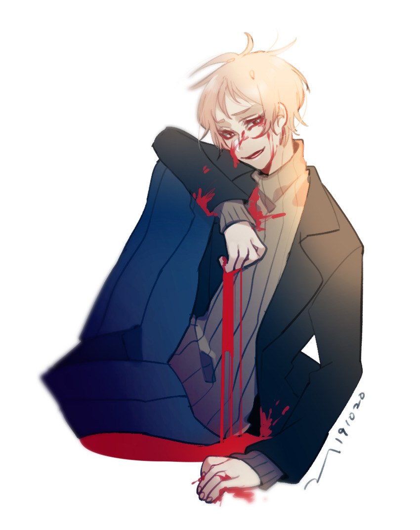 1boy atou_haruki black_jacket blonde_hair blood blood_on_clothes blood_on_face blood_on_hands blue_pants bright_pupils brown_eyes brown_sweater chinese_commentary commentary_request dated highres jacket long_sleeves male_focus open_clothes open_jacket open_mouth pants ribbed_sweater saibou_shinkyoku short_hair simple_background sitting smile solo sweater turtleneck turtleneck_sweater white_background white_pupils yokuhaku