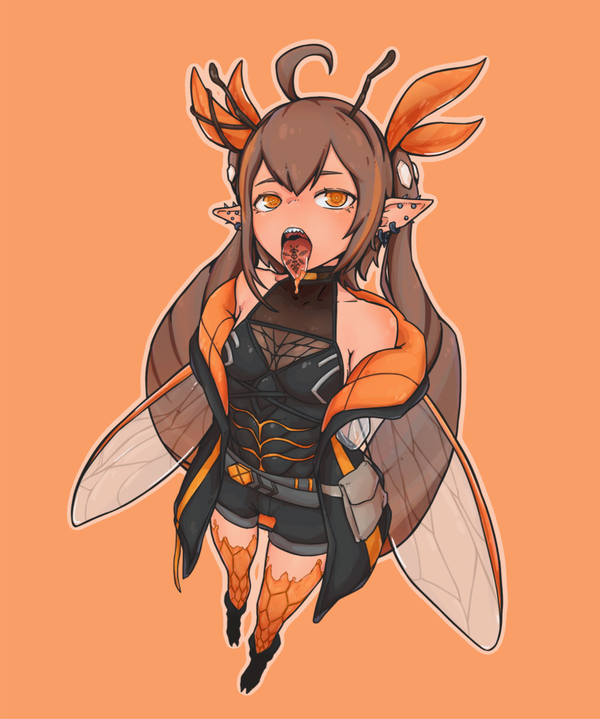 1girl ahoge antennae arthropod_girl arthropod_limbs belt black_jacket black_shorts breasts bright_pupils brown_hair commentary commission ear_piercing earrings from_above hair_ribbon highres insect_wings jacket jewelry long_hair looking_at_viewer medium_breasts monster_girl multiple_earrings muscular muscular_female non-pubic_inmon orange_background original piercing pointy_ears post_(shake_shakepost) ribbon sharp_teeth shorts solo spike_piercing teeth thick_outlines tongue tongue_out tongue_tattoo twintails very_long_hair white_pupils wings yellow_eyes