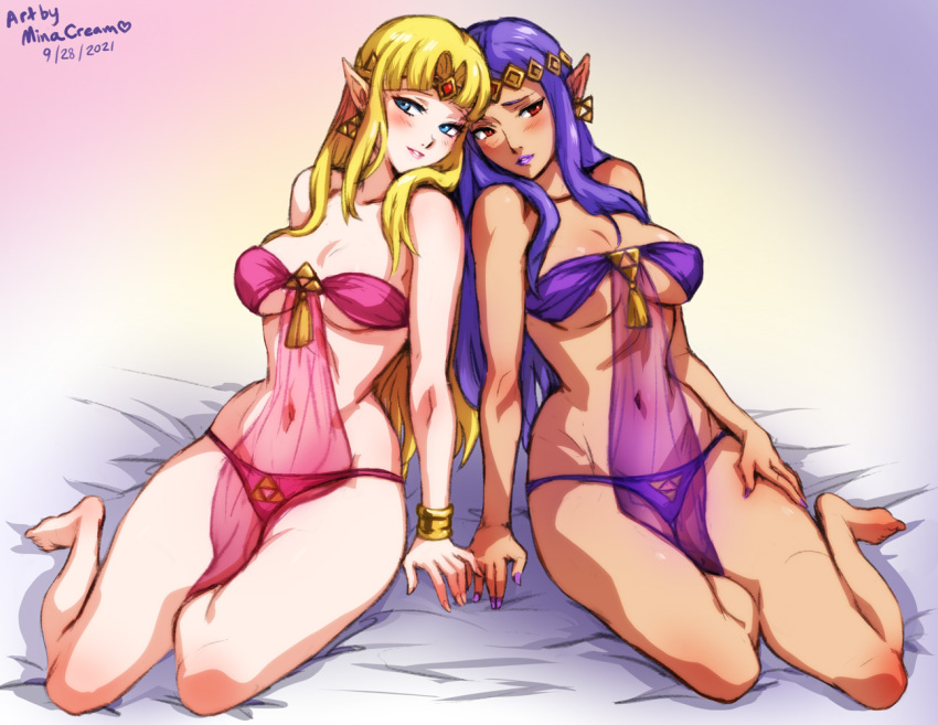 2021 2girls artist_name blonde_hair blue_eyes breasts dated earrings jewelry medium_breasts mina_cream multiple_girls navel nintendo pointy_ears princess_hilda princess_zelda purple_hair red_eyes see-through_clothes the_legend_of_zelda the_legend_of_zelda:_a_link_between_worlds triforce