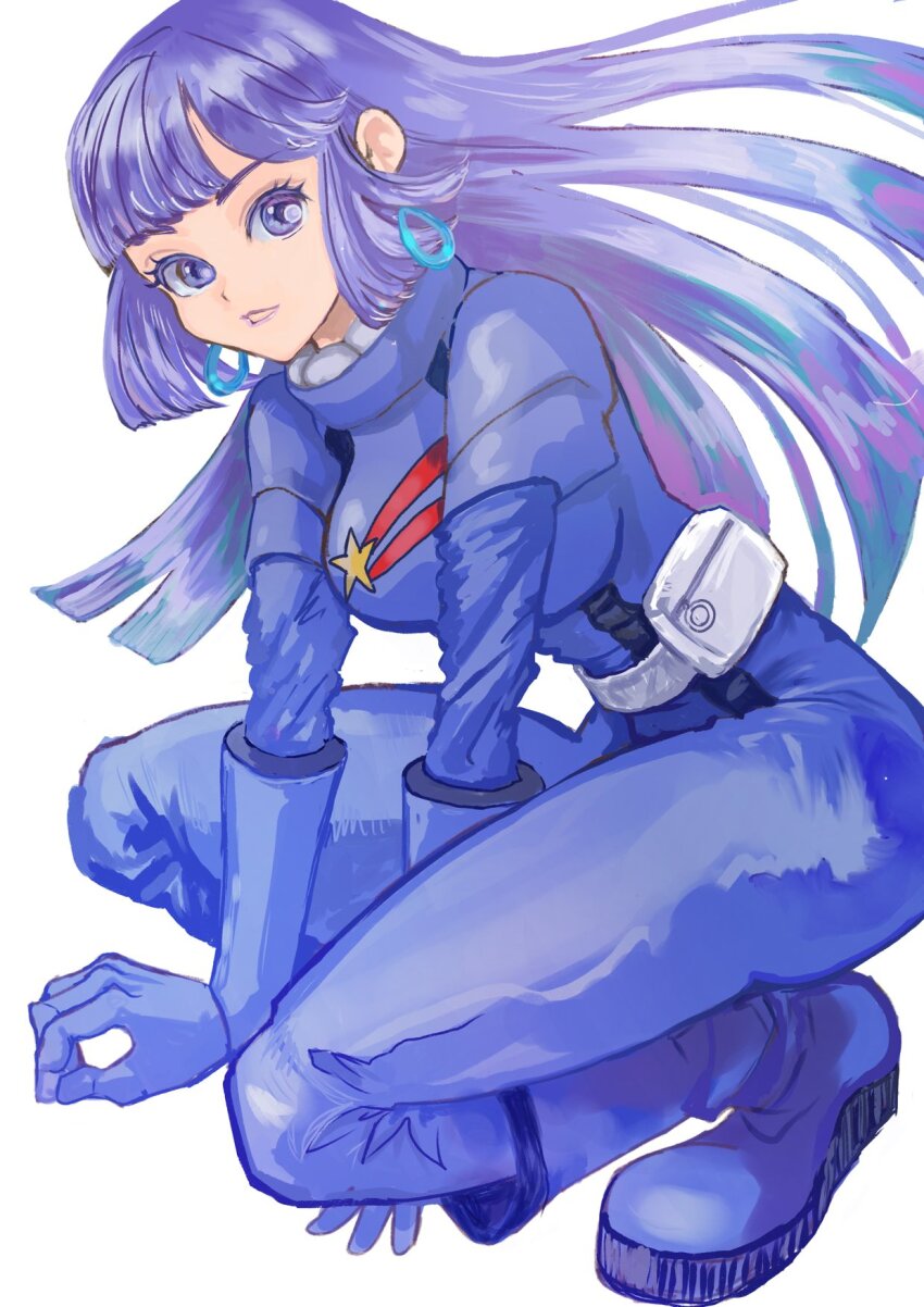 1girl commentary full_body gundam gundam_zz highres hime_cut looking_at_viewer mecha_pilot_suit normal_suit_(gundam) okrdisk2000 purple_eyes purple_hair roux_louka simple_background solo squatting white_background