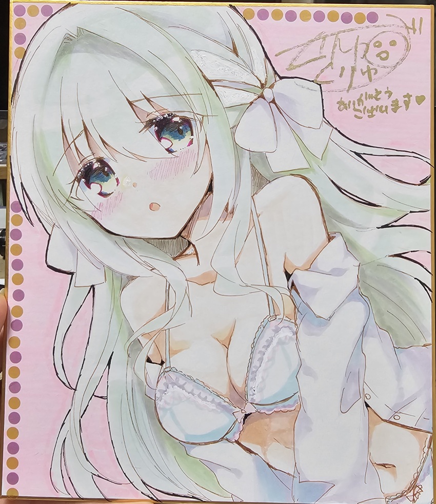 1girl :o absurdres blue_archive blue_eyes blush bow bow_bra bow_panties bra breasts cleavage collared_shirt dress_shirt grey_hair hair_between_eyes hair_intakes highres kuriyuzu_kuryuu long_hair medium_breasts miyo_(blue_archive) navel nose_blush off_shoulder open_clothes open_shirt panties parted_lips photo_(medium) shikishi shirt signature solo traditional_media underwear very_long_hair white_bra white_panties white_shirt