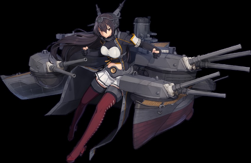 1girl black_hair boots breasts clenched_hands coat female_focus fingerless_gloves full_body garter_straps gloves hair_between_eyes headgear kantai_collection kikumon large_breasts long_hair machinery midriff midriff_peek miniskirt nagato_(kancolle) nagato_kai_ni_(kancolle) official_art pleated_skirt range_finder red_boots red_eyes rigging rudder_footwear sandbag ship_turret shizuma_yoshinori skirt smile smokestack solo striped_clothes striped_footwear striped_skirt thigh_boots thighhighs transparent_background white_skirt