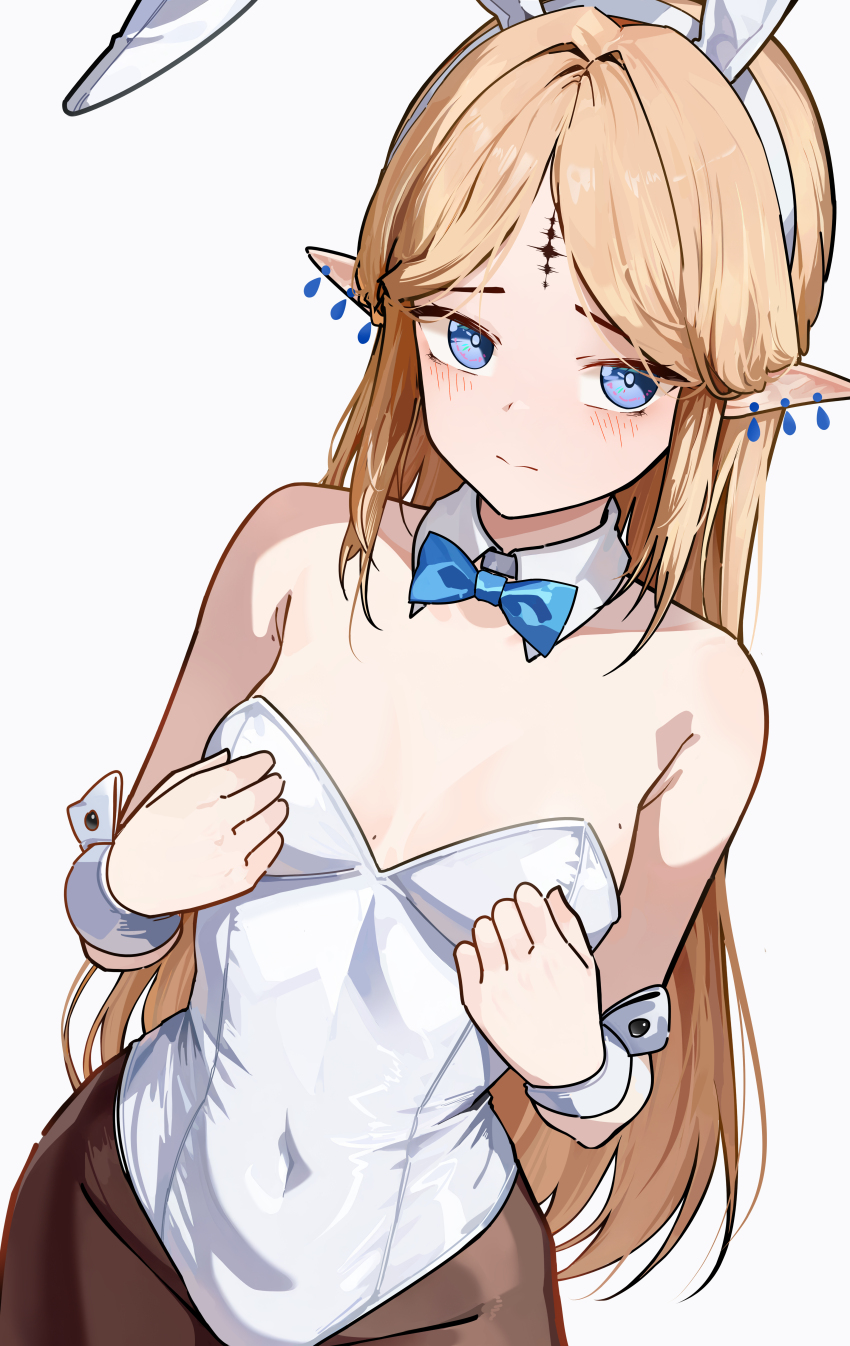1girl absurdres animal_ears bare_shoulders blonde_hair blue_bow blue_bowtie blue_eyes blush bow bowtie breasts brown_pantyhose cartethyia_(wuthering_waves) closed_mouth covered_navel cowboy_shot detached_collar earrings facial_mark fake_animal_ears forehead_mark hairband highres jewelry leotard long_hair looking_at_viewer mole mole_on_armpit mole_on_breast pantyhose parted_bangs playboy_bunny pointy_ears rabbit_ears ryeon_(bluetom1) simple_background small_breasts solo strapless strapless_leotard traditional_bowtie very_long_hair white_background white_hairband white_leotard wrist_cuffs wuthering_waves