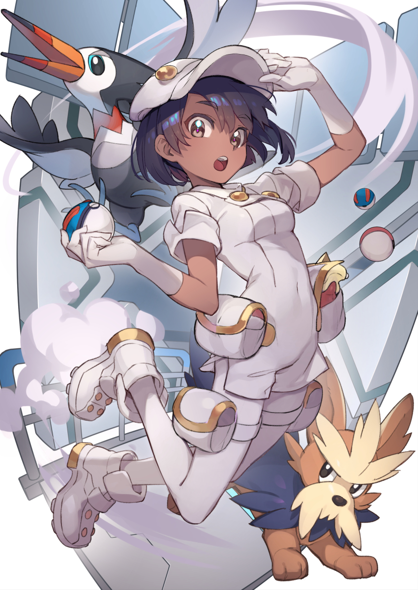 1girl absurdres aether_foundation_employee aether_foundation_employee_(female) black_hair brown_eyes dark-skinned_female dark_skin full_body gen_5_pokemon gen_7_pokemon gloves great_ball hat herdier highres holding holding_poke_ball jumping looking_at_viewer medium_hair midair nintendo open_mouth pants poke_ball pokemon pokemon_(creature) pokemon_sm shoes short_sleeves smoke trumbeak uedrk_yamato white_gloves